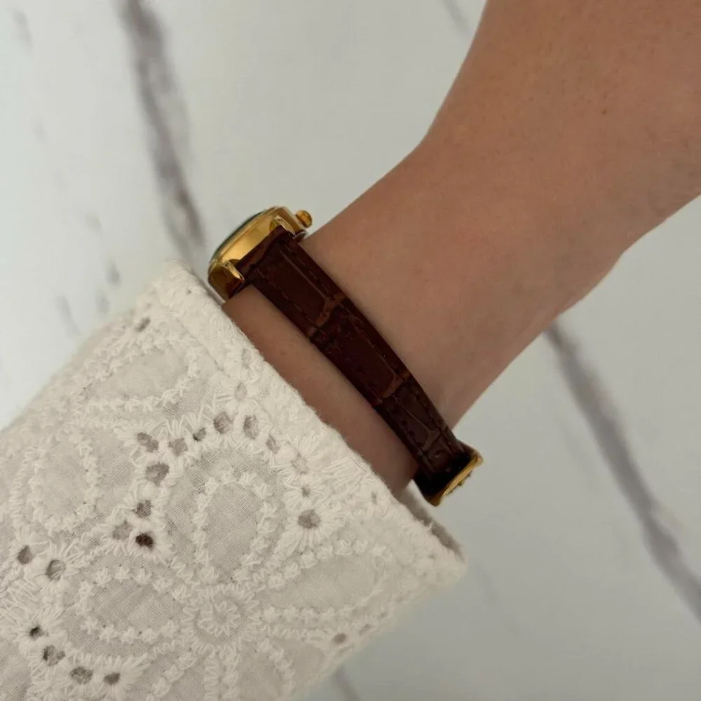 Sku 0441 vintage vibe retro mini watch gold brown leather strap + in‎ a gift bag